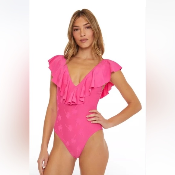 TRINA TURK Sway Ruffle Plunge One Piece Swimsuit Color Venus Pink Size 12 - Picture 1 of 8
